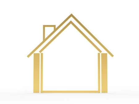 Golden empty house icon isolated on white. 3d illustrationの写真素材