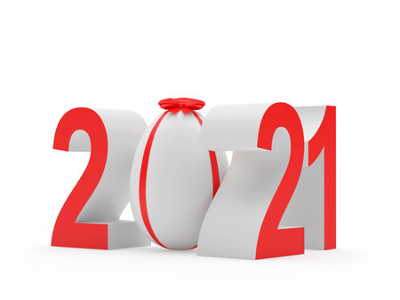 Red number 2021 with Easter egg decorated with ribbon. 3d illustration