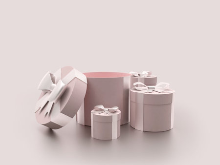 A set of gift boxes with an open lid in pink colors. 3d illustrationの写真素材