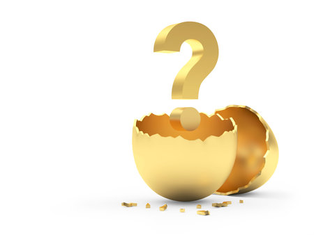 Golden broken egg with a question mark inside. 3d illustration