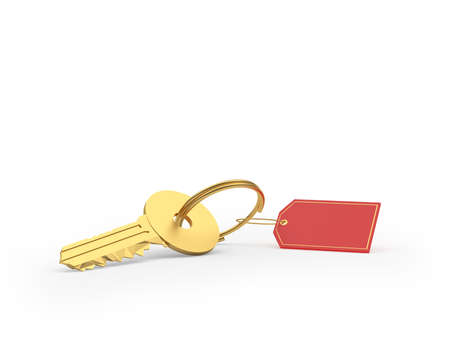 Golden key with red blank tag isolated on white. 3d illustrationの写真素材