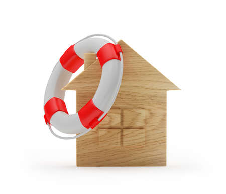 Wooden house icon with lifebuoy on the roof of the house. 3d illustrationの写真素材
