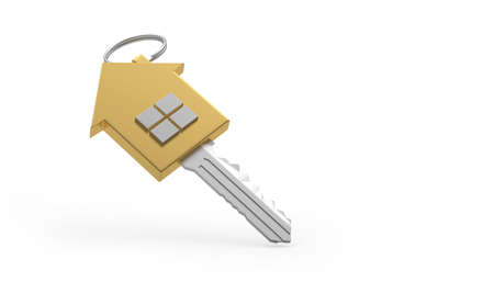 Golden house key isolated on white. 3d illustrationの写真素材