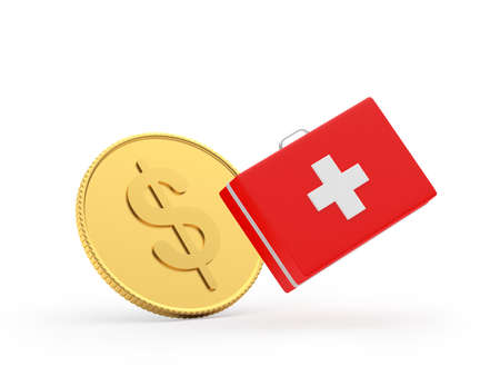 Gold dollar coin and first aid kit isolated on white. 3d illustrationの写真素材