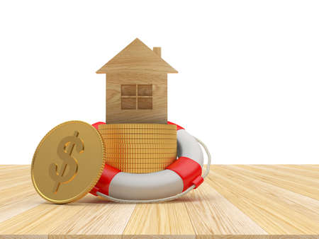 Wooden house icon with a stack of dollar coins in a life buoy. 3d illustrationの写真素材