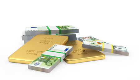 Heap of gold bars with bundles of euro and dollar bills. 3d illustration