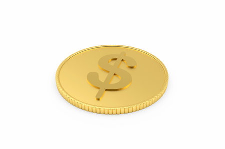 Gold dollar coin lies isolated on white. 3d illustrationの写真素材