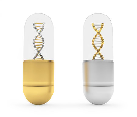 Two medical capsules gold and silver with DNA spirals. 3d illustration