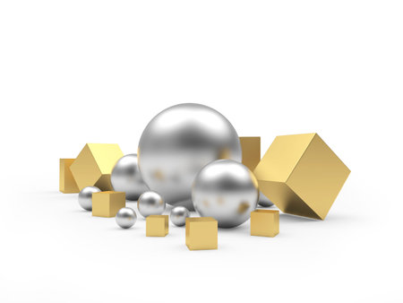 Group of silver spheres and golden cubes of different sizes Isolated on white background. 3d...