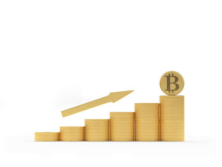 Bitcoin coin on gold coins chart with arrow isolated on white. 3d illustrationの写真素材