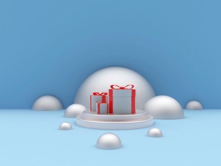 Gift boxes on a pedestal or podium with silver spheres in blue colors. 3d illustrationの写真素材