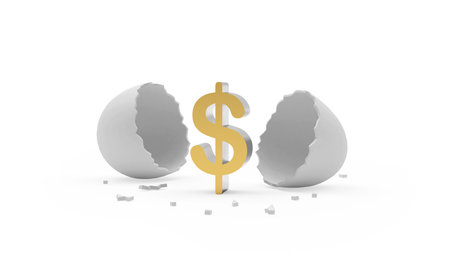 Gold dollar sign with broken eggshell on white. 3d illustration