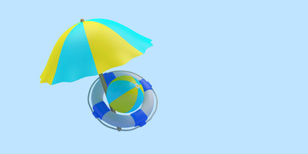 Beach umbrella with ball and lifebuoy on blue. 3d illustrationの写真素材