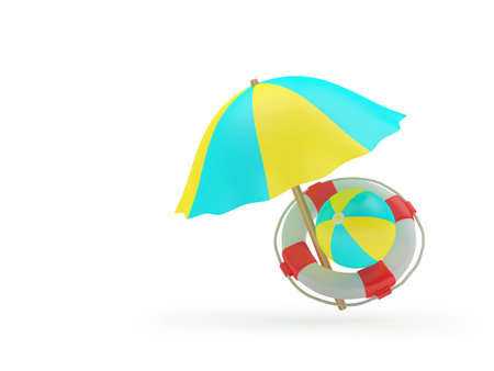 Colorful beach umbrella with ball and lifebuoy isolated on white. 3d illustrationの写真素材