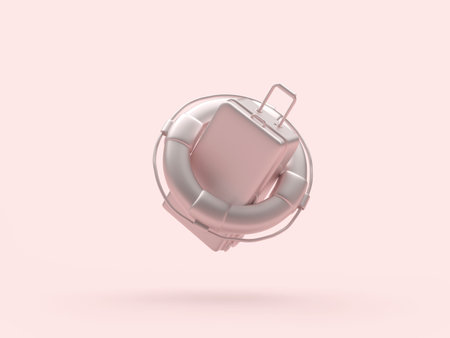 Silver travel suitcase with lifebuoy on pink. 3d illustrationの写真素材
