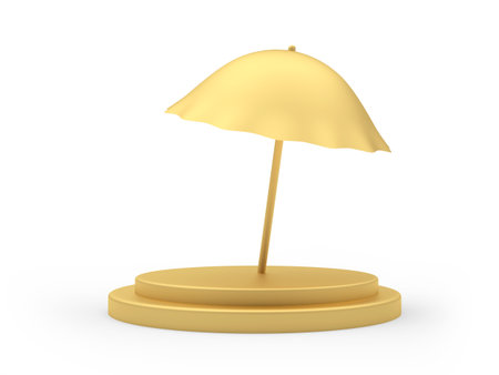 Gold beach umbrella on a pedestal isolated on white.の写真素材