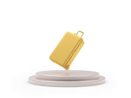 Golden travel suitcase on a stand.の写真素材