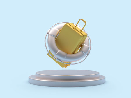Golden travel suitcase with a silver lifebuoy on a stand.