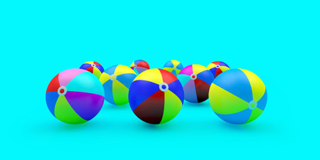 Group of colorful beach balls on blue. 3d illustration