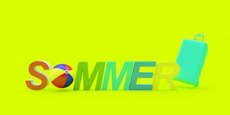 Summer colorful text with beach ball and suitcase on green. 3d illustrationの写真素材
