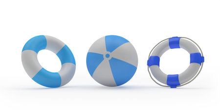 One beach ball and two life buoys on white. 3d illustration