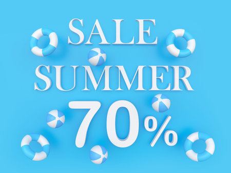 Blue banner with text summer discount seventy percent with beach balls and lifebuoys. 3d...
