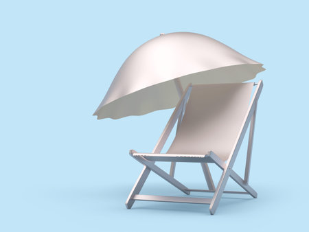 Silver empty deck chair under a beach umbrella on blue. 3d illustrationの写真素材