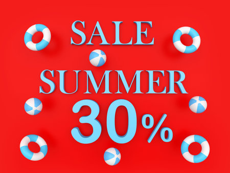 Red banner with text summer discount thirty percent with beach balls and lifebuoys. 3d illustration