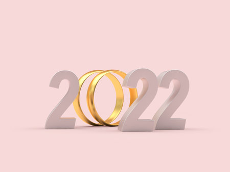 Number 2022 with gold wedding rings on a pink background. 3D illustrationの写真素材