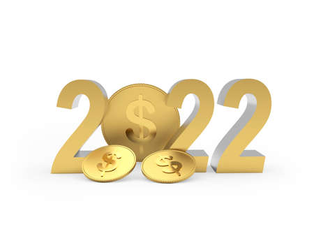 Gold numbers 2022 with dollar coins. 3D illustrationの写真素材