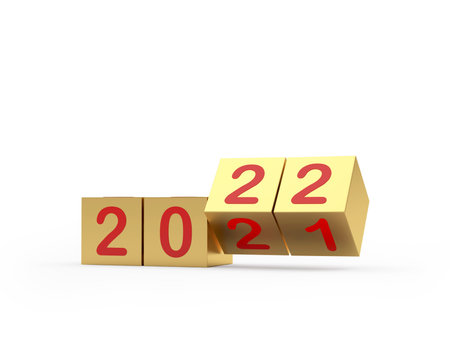 Gold cubes with the number 2021 change to the 2022 number of the New Year with reflection. 3D illustrationの写真素材