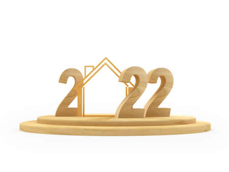 Wooden numbers 2022 with a house icon on a stand. 3D illustrationの写真素材