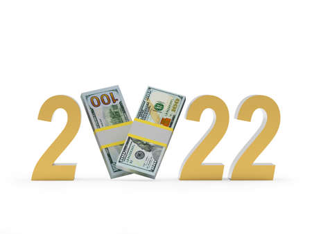 Numbers 2022 with dollar bills. 3D illustrationの写真素材