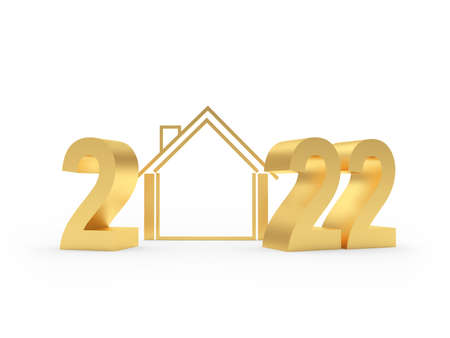 Golden number 2022 with house icon isolated on white. 3D illustrationの写真素材