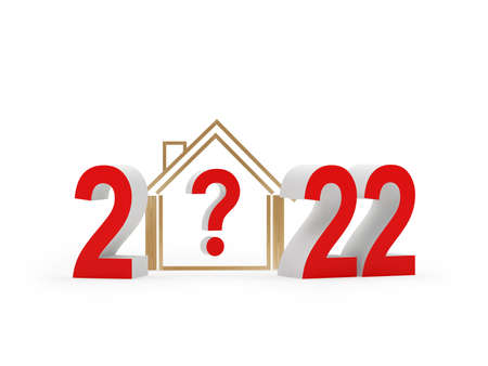 House icon with question mark and new year number 2022. 3D illustrationの写真素材