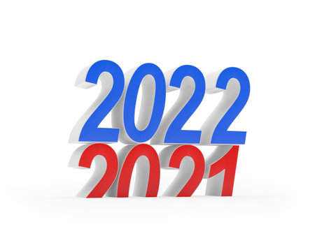 The red number 2021 has changed to the blue number 2022 of the New Year. 3D illustration