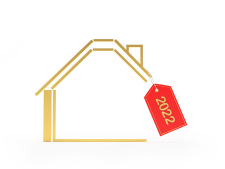 House icon with red label with number 2022. 3D illustrationの写真素材