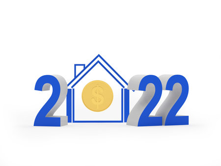 Blue number 2022 with house icon and dollar coin. 3D illustrationの写真素材