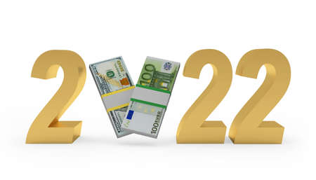 Golden number 2022 with dollar and euro banknotes. 3D illustrationの写真素材