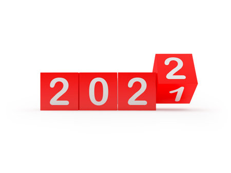 The number 2021 changes to 2022 on rotating red dice. 3D illustration