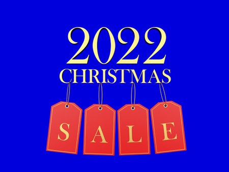 Colorful banner with 2022 number and price tags with christmas sale text on blue. 3d illustrationの写真素材