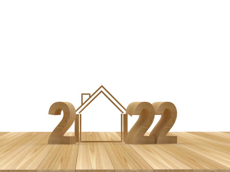 Wooden number 2022 with a house on a wooden surface. 3D illustrationの写真素材