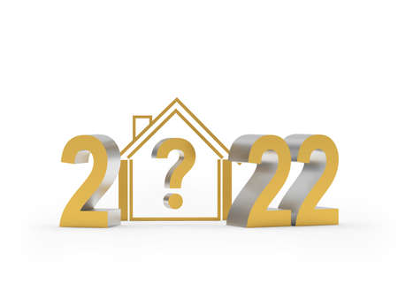 Golden number 2022 and a house with a question mark. 3d illustrationの写真素材