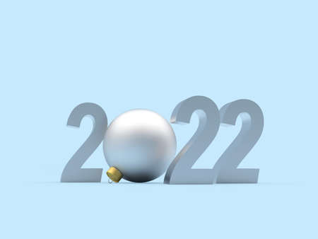 Silver number 2022 with Christmas ball on blue. 3d illustrationの写真素材