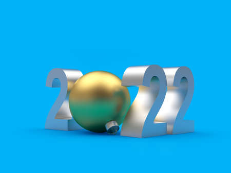 Silver number 2022 with golden christmas ball on blue. 3D illustrationの写真素材