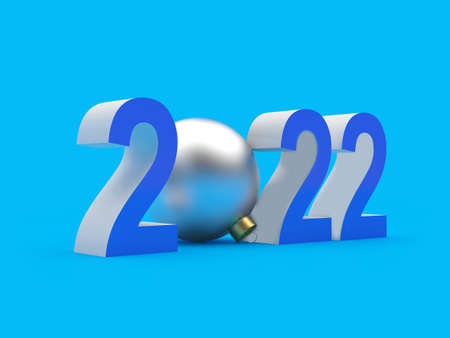 Blue number 2022 with a silver Christmas ball on a blue background. 3D illustrationの写真素材