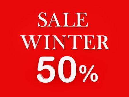 Red banner with text Winter Sale 50 percent. 3D illustrationの写真素材