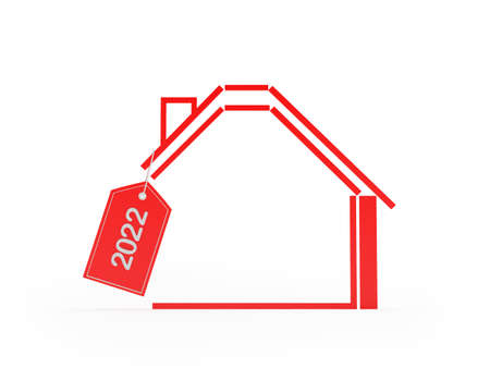Label with the number 2022 on a red house icon. 3D illustrationの写真素材