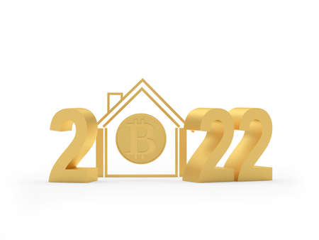 Golden house with bitcoin icon and number 2022.3d illustrationの写真素材