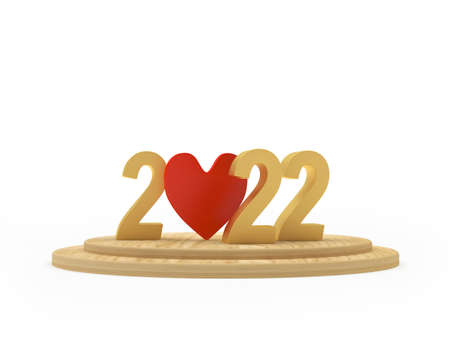 Red heart icon with gold number 2022 on a stand. 3D illustrationの写真素材